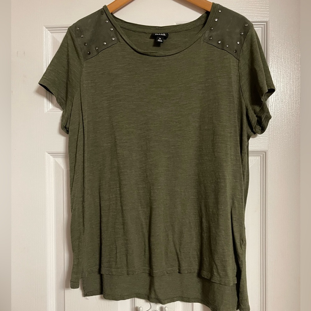 a.n.a Olive Green Short Sleeve Tee with Studded Shoulders